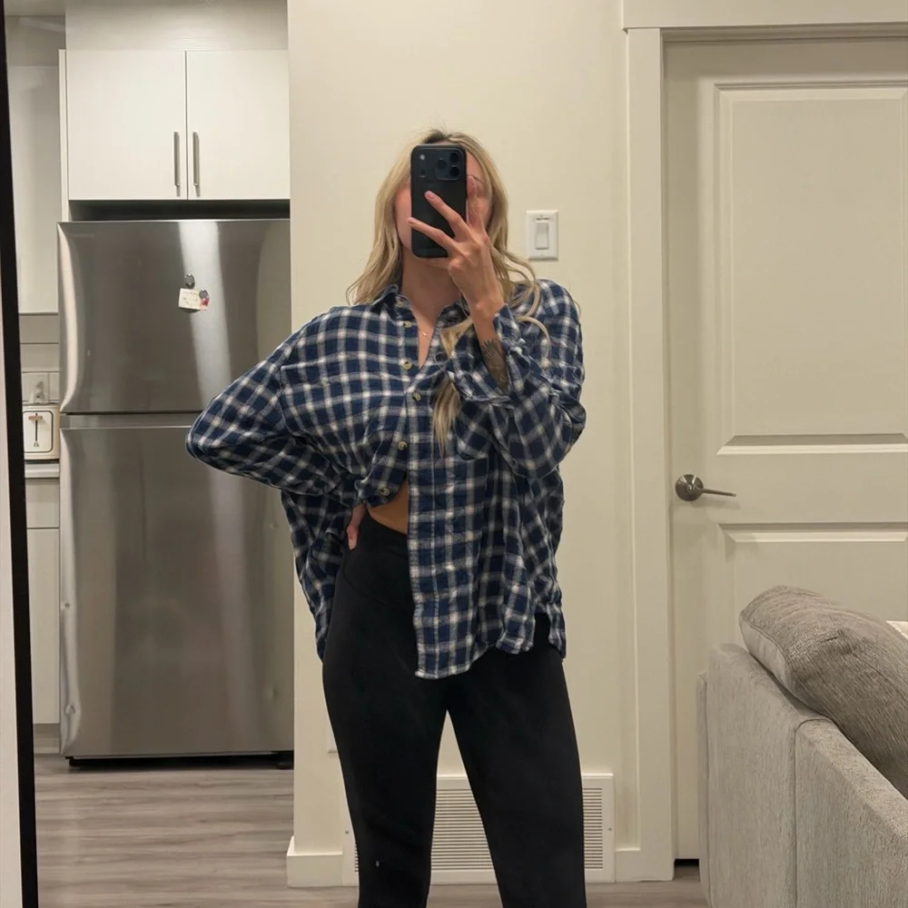 BDG Navy and White Plaid Button-Down Shirt - Picture 2 of 4